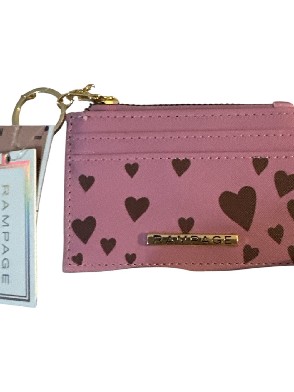 NWT Rampage Pink Cardholder Keychain with Brown Hearts gold zip charm pocket